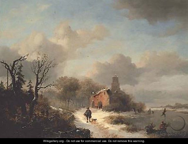 Winter landscape with peasant and figures on ice - Frederick Marianus Kruseman