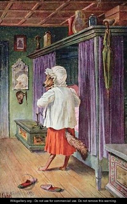 Postcard depicting the wolf disguised as Little Red Riding Hoods grandmother - Otto Kubel