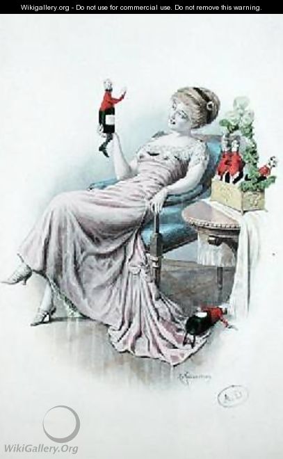Postcard depicting a woman with bottles of champagne in the shape of men - F. Kuderna