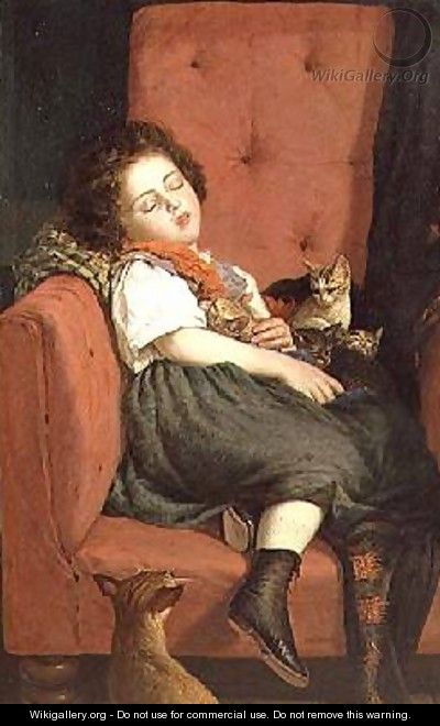 Girl sleeping with Kittens - Auguste L