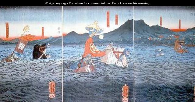 The Rival Generals fording the Ujigawa - Utagawa Kuniyoshi