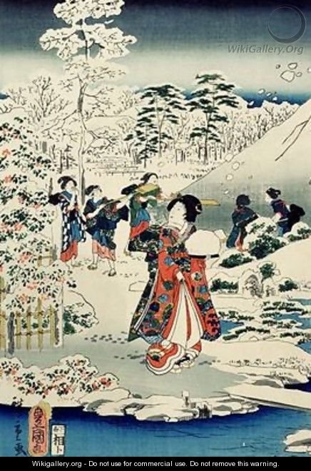 Maids in a snow covered garden - Utagawa (Toyokuni III) Kunisada