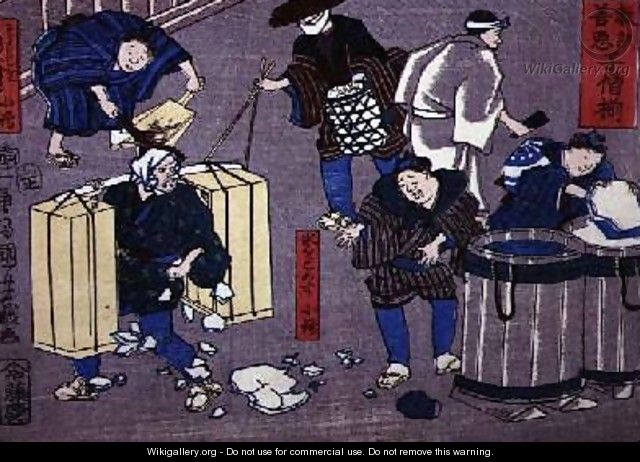 Moral teaching for shopboys giving good and bad examples of behaviour 14 - Utagawa Kuniyoshi