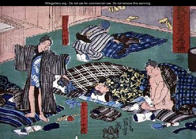Moral teaching for shopboys giving good and bad examples of behaviour 13 - Utagawa Kuniyoshi