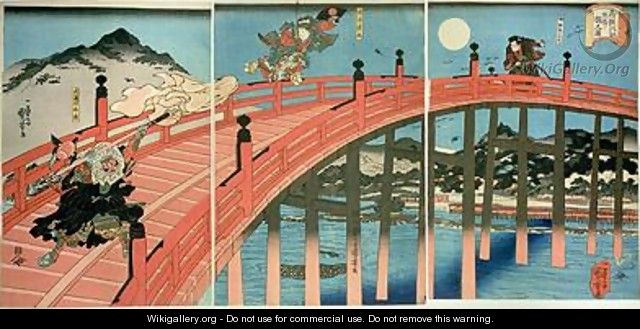 Ushiwaka and Benkei fighting on Gojo bridge - Utagawa Kuniyoshi