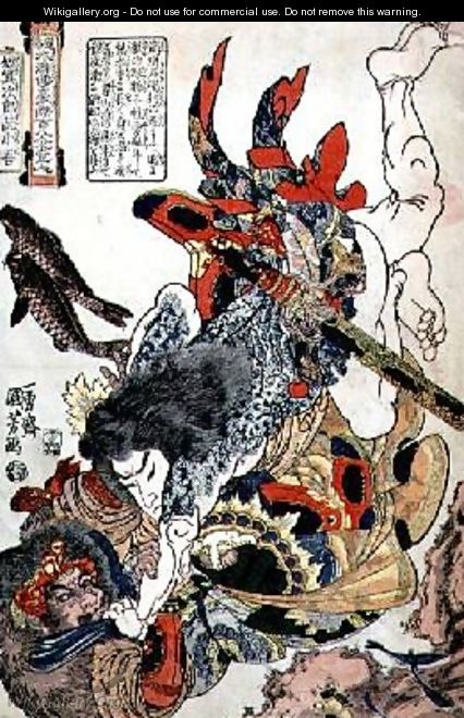 Tameijiro Genshogo fighting an armoured man underwater - Utagawa Kuniyoshi