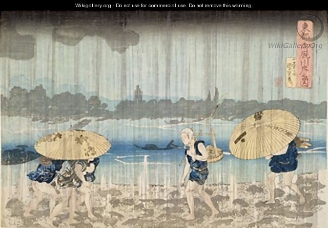 Shower on the Banks of the Sumida River at Ommaya Embankment in Edo - Utagawa Kuniyoshi