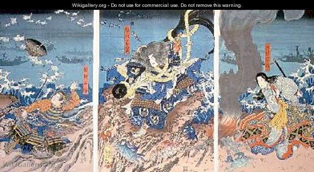 The Death of Tomomori at the battle of Dan no Ura - Utagawa Kuniyoshi
