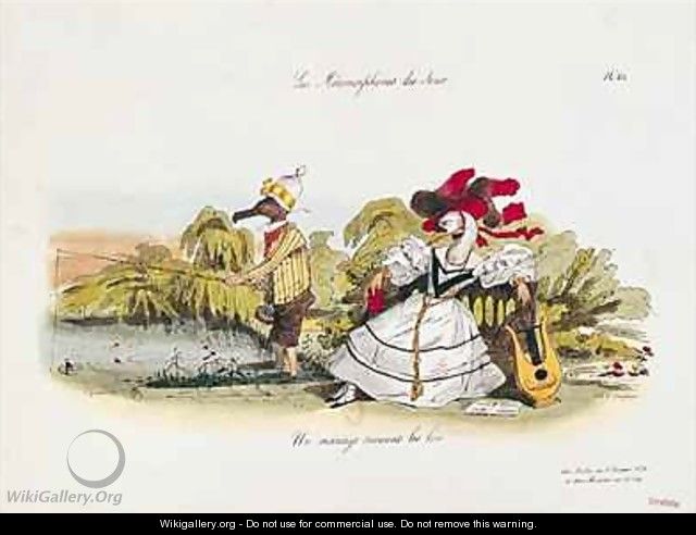 Marriage by the Book caricature from Les Metamorphoses du Jour - (Jean Ignace Isidore Gerard) Grandville