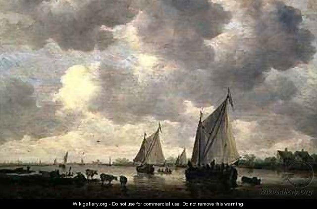 A Canal in Holland or Two Large Sailing Ships and Cattle Near a River - Jan van Goyen