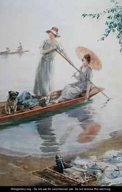 Two girls with their pet pug paddling back to their picnic - Charles MacIvor or MacIver Grierson
