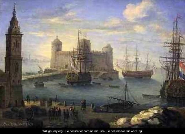 A Mediterranean port with men o war - Charles Laurent Grevenbroeck
