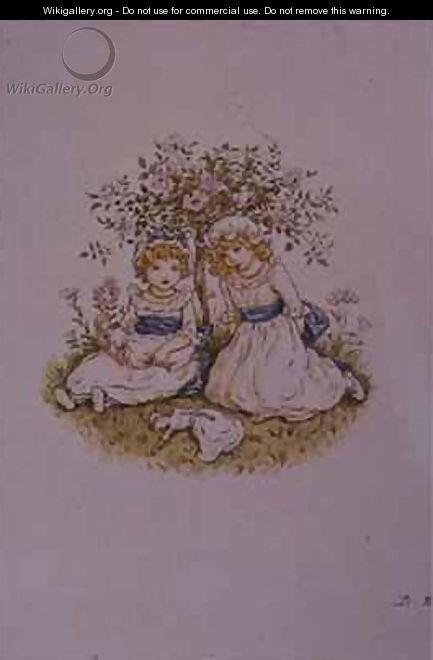 Two Girls with Dolls sitting under a rose bush - Kate Greenaway