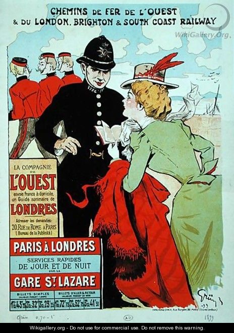 Poster advertising train services from Paris to London for the Compagnie des Chemins de Fer de lOuest - Jules Alexandre Grun
