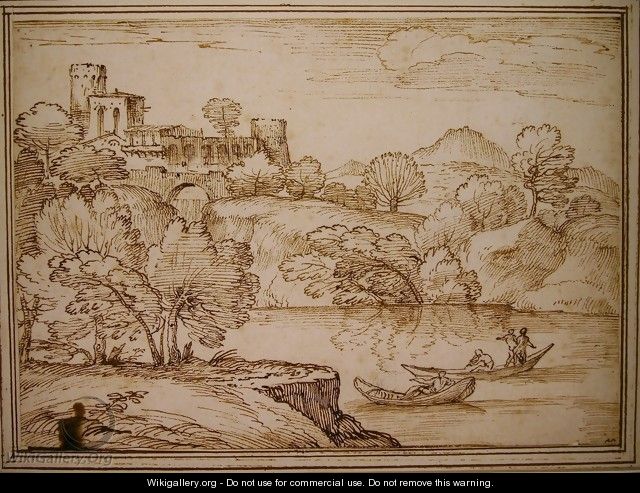 Classical landscape with boats on a lake below a castle - Giovanni Francesco Grimaldi