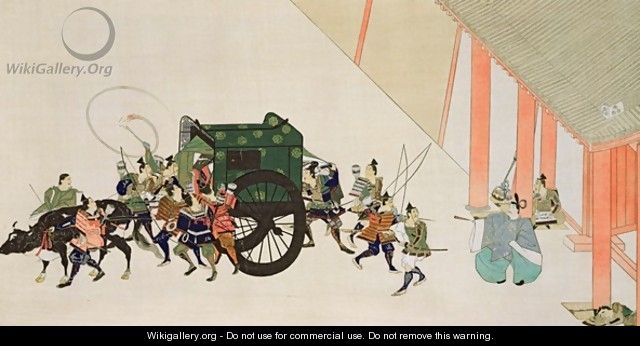 An Emperor Fleeing a Palace Disguised as a Woman in Carriage - (after) Gukei, Sumiyoshi Hirozumi