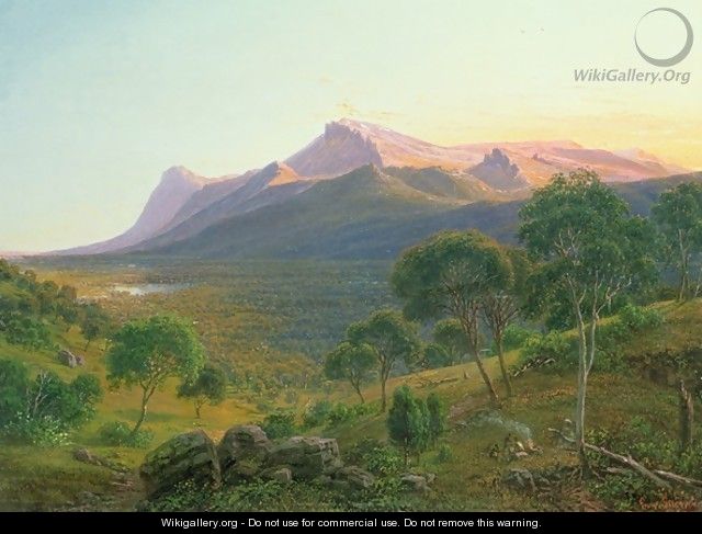 Aborigines by a Fire before Mount William as seen from Mount Dryden in the Grampians Victoria - Eugene von Guerard