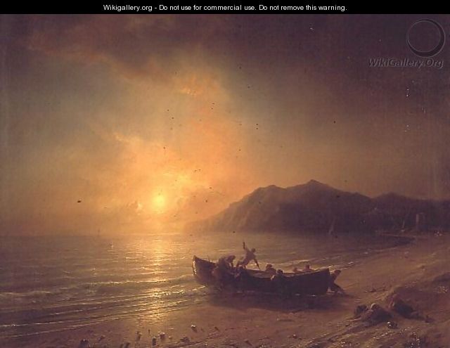 A Coastal Landscape with Arab Fishermen Launching a boat at Sunset - Theodore Gudin