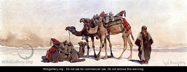 Resting with Three Camels in the Desert - Carl Haag