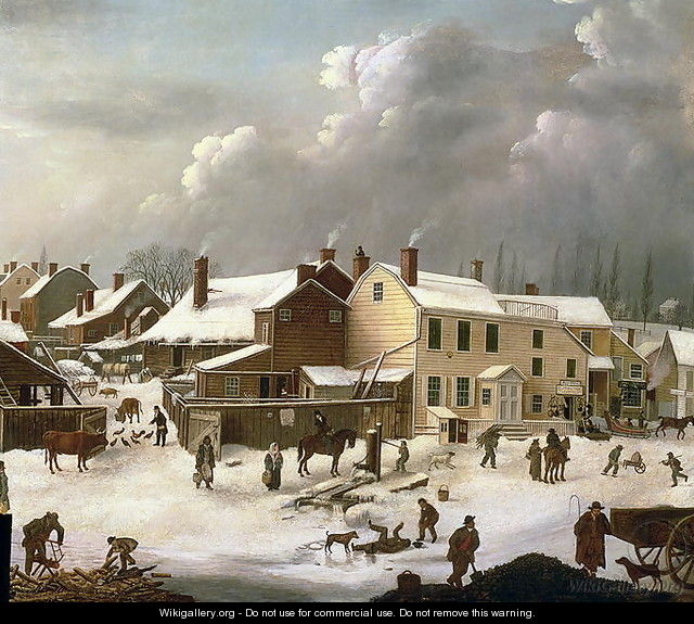 Winter Scene in Brooklyn detail of a street and the Post Office - Francis Guy