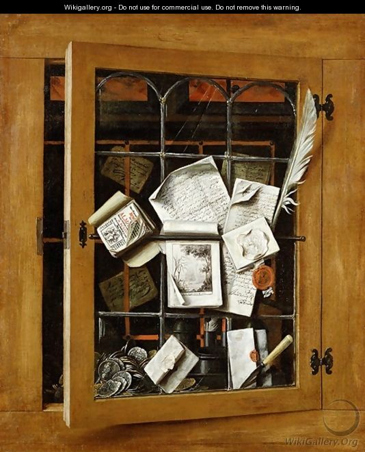 A trompe loeil of an open glazed cupboard door with numerous papers and objects - Cornelis Norbertus Gysbrechts