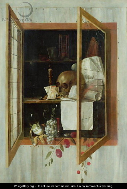 Vanitas still life seen through a trompe loeil window - Cornelis Norbertus Gysbrechts