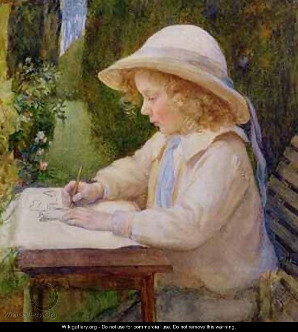 Girl drawing on a garden table - Mary Lascelles Harcourt
