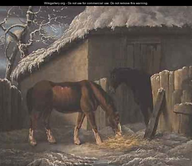 A Winter landscape with two horses feeding outside a stable - Thomas Hand