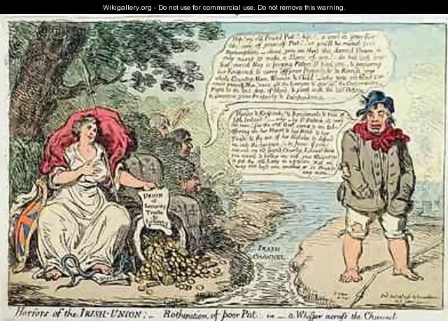 Horrors of the Irish Union Botheration of Poor Pat or A Whisper across the Channel - James Gillray
