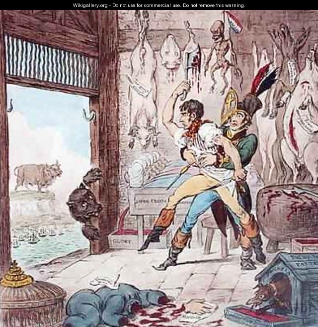 Napoleon Bonaparte 1796-1821 being restrained from butchering the bear of Russia - James Gillray