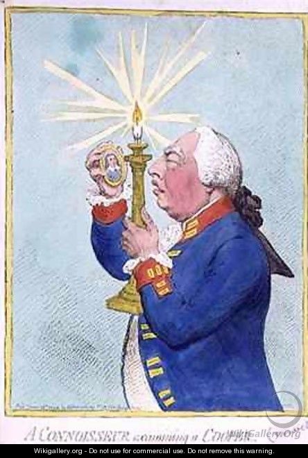 A Connoisseur examining a Cooper George III 1738-1820 fearing a new revolution peers at a portrait of Cromwell - James Gillray