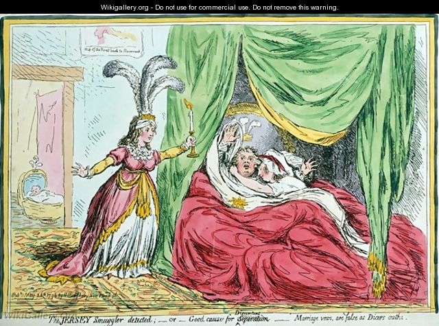 The Jersey Smuggler detected or Good Causes for Discontent Marriage vows are false as Dicers oaths - James Gillray