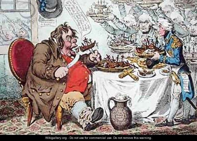 John Bull Taking a Luncheon or British Cooks cramming Old Grumble Gizzard with Bonne Chere - James Gillray