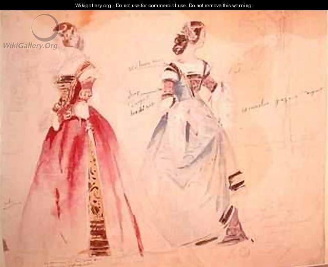 Two female costume designs at the time of the creation of Les Caprices de Marianne - Eugene Pierre Francois Giraud
