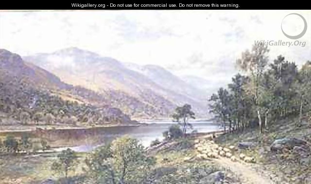 Thirlmere Shepherd with Sheep by a Lake - Alfred I Glendening
