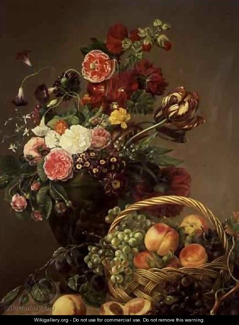 Still Life with Flowers and Fruits in a Basket - Jeanne Marie Josephine Hellemans