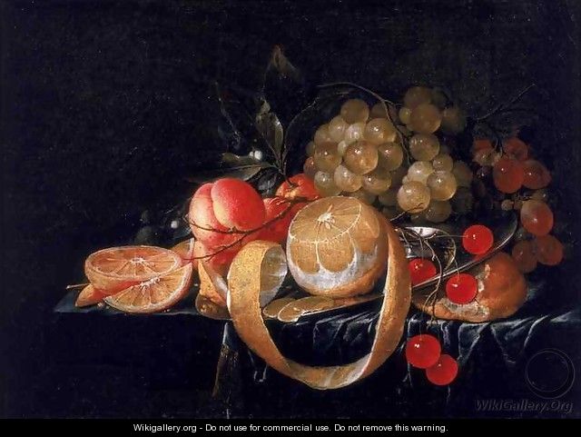 A Still Life with a lemon grapes cherries and apricots on a pewter plate - Cornelis De Heem
