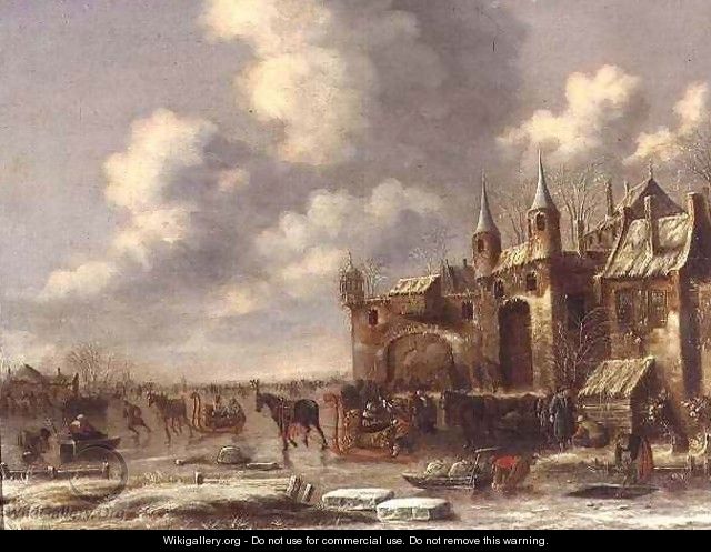 Townsfolk on the ice by a town gate - Thomas Heeremans