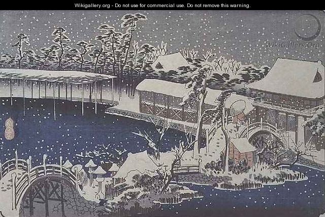 Snow at night a scene depicting a house river and ornamental garden under falling snow from the series 53 Stations of the Tokaido - Utagawa or Ando Hiroshige