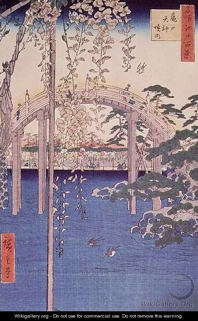 Footbridge over river with wisteria in foreground in full bloom - Utagawa or Ando Hiroshige