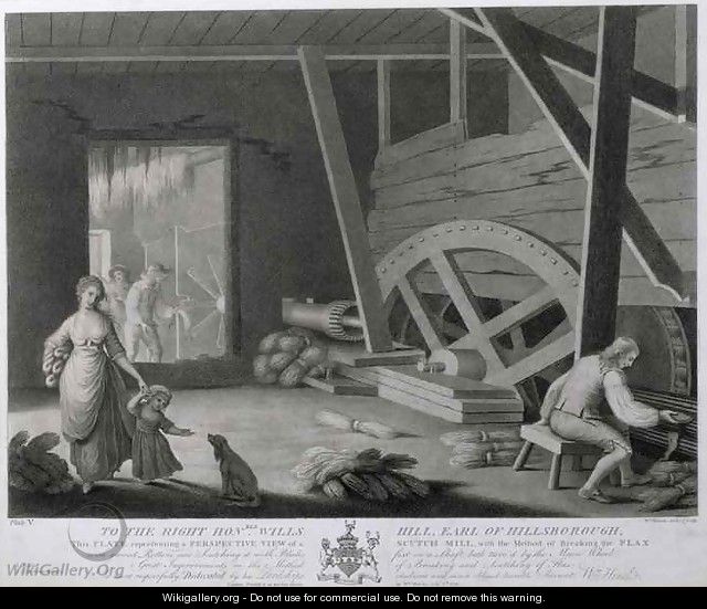 A Perspective View of a Scutch Mill with a Method of Breaking the Flax Plate V of The Linen Manufactory of Ireland - William Hincks