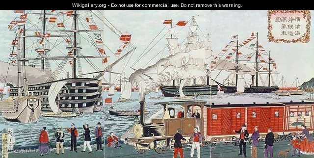 Commodore Perrys Gift of a Railway to the Japanese - Utagawa or Ando Hiroshige