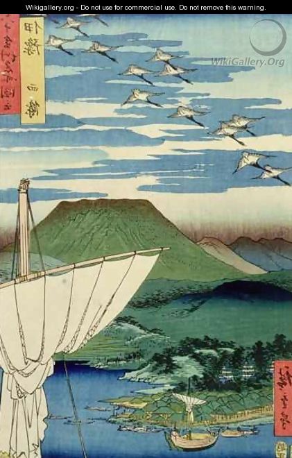 Boats village and castle at Ueno Iyo Province from Famous Places of the Sixty Provinces - Utagawa or Ando Hiroshige