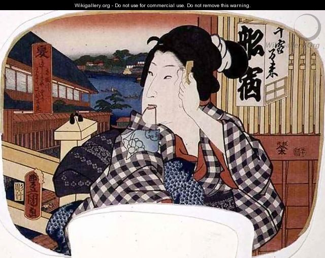 Summer the river at Ryoguku A geisha combing her hair design for a fan from a set of four illustrating the seasons - Utagawa or Ando Hiroshige
