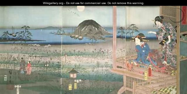 The Lady Fujitsubo watching Prince Genji departing in the moonlight - Utagawa or Ando Hiroshige