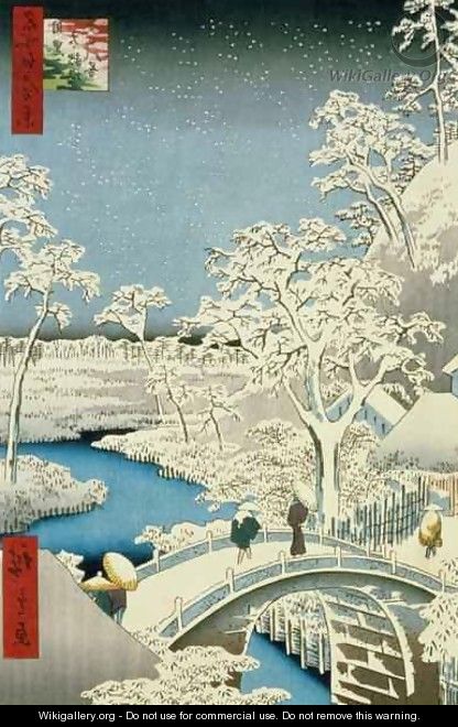 Drum bridge and Setting Sun Hill at Meguro from the series 100 Views of Edo - Utagawa or Ando Hiroshige