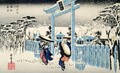 Snow at night young women leave a temple in heavy falling snow from the series 53 Stations of the Tokaido - Utagawa or Ando Hiroshige