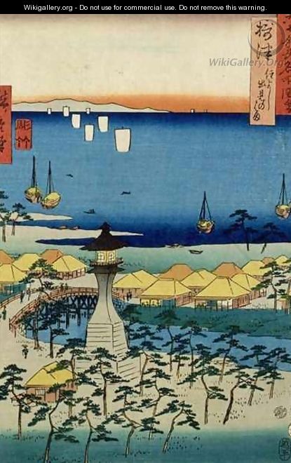 The Shore at Sumiyoshi showing the Village and Lighthouse Settsu Province from Famous Places of the Sixty Provinces - Utagawa or Ando Hiroshige