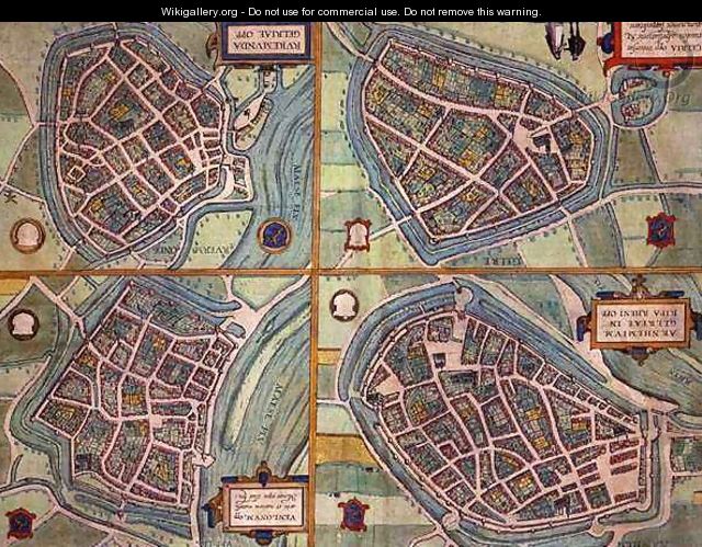 Map of Arnhem Velmo Gelre and Ruerm from Civitates Orbis Terrarum - (after) Hoefnagel, Joris