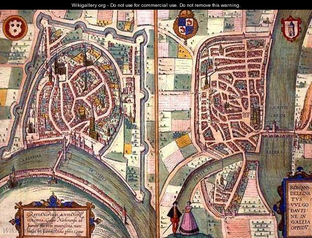 Maps of Grenoble and Romans sur Isere from Civitates Orbis Terrarum - (after) Hoefnagel, Joris